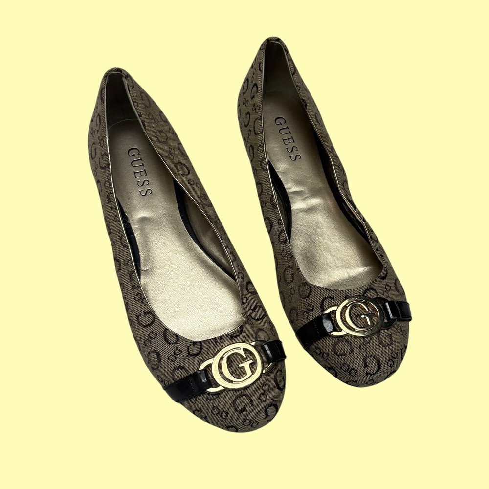 Guess Brown Monogram Canvas Ballet Flats Gold G Buckle Logo Shoes Womens 7